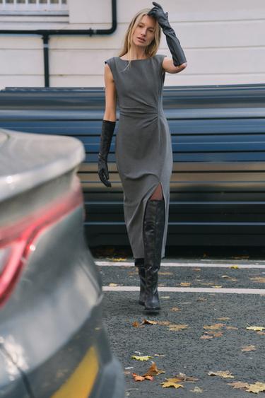 MIDI DRESS WITH PLEATED WAIST - Grey by Zara - Image 0