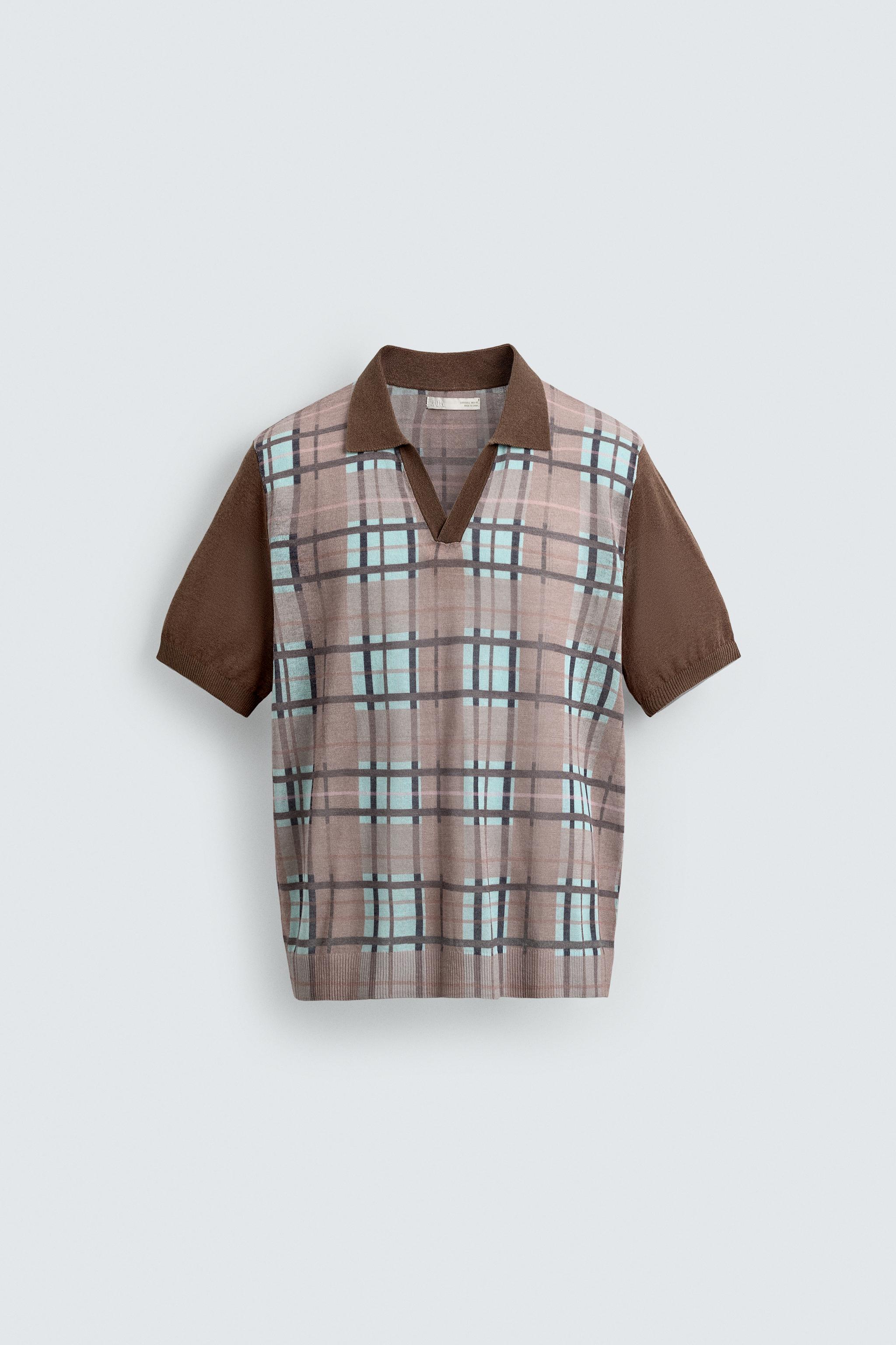 CHECKERED PRINT KNIT POLO SHIRT - Dark beige | ZARA United
