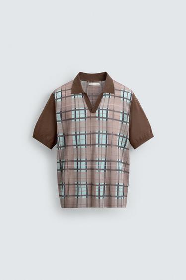 POLO EN MAILLE IMPRIMÉ À CARREAUX - Beige foncé de Zara - Image 6