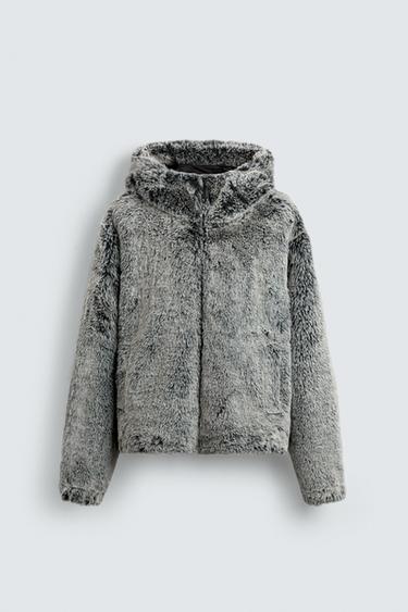 BLOUSON EFFET FOURRURE À CAPUCHE - Vert gris de Zara