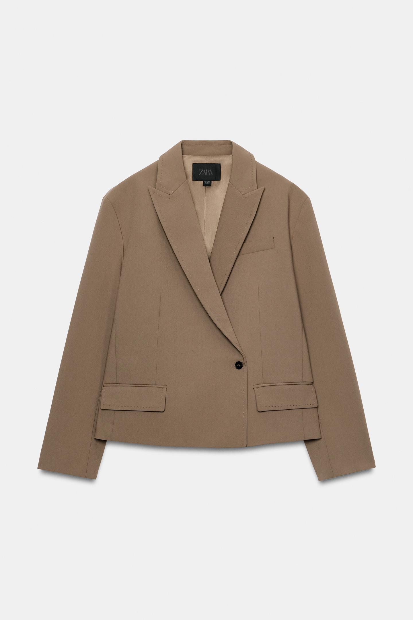 Женский пиджак Zara Cropped Oversize Topstitched Blazer, цвет: Бежевый — фото 7