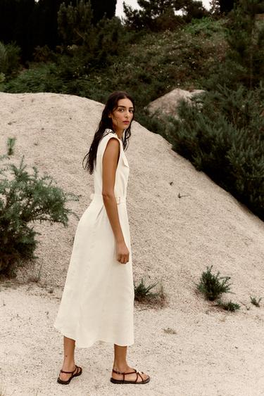 MIDI DRESS WITH BELT LOOPS IN A LINEN BLEND - Ecru by Zara - Image 4