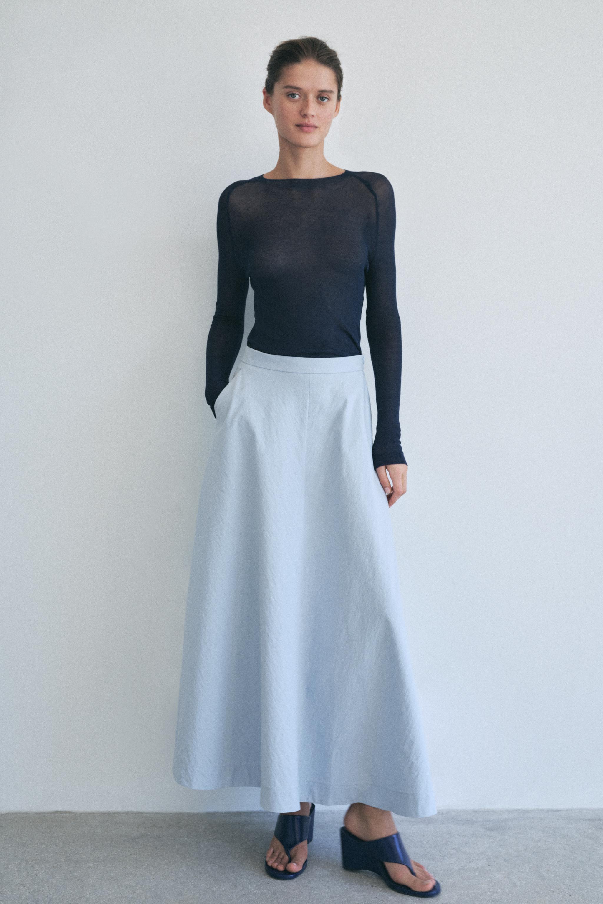 ☆ドイツ発*ZARA*新作*ボタンサイドフレアスカート/LIGHT BLUE☆ ☆ドイツ発*ZARA*新作*フレアコットンスカート/LIGHT BLUE