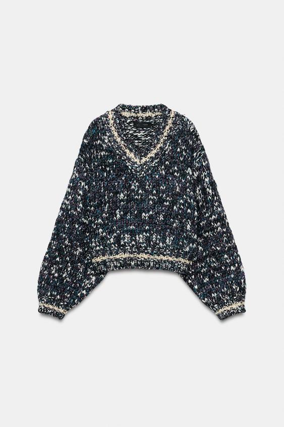 JERSEY PUNTO ESCOTE PICO - Crudo / Azul de Zara - Imagen 0