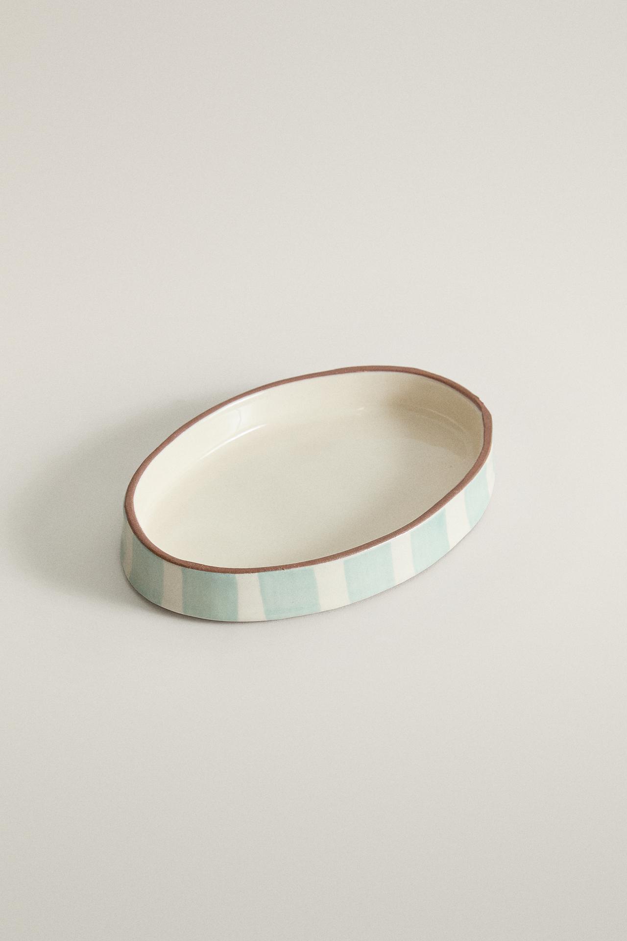 STRIPED CERAMIC BATHROOM SOAP DISH — Blue/White