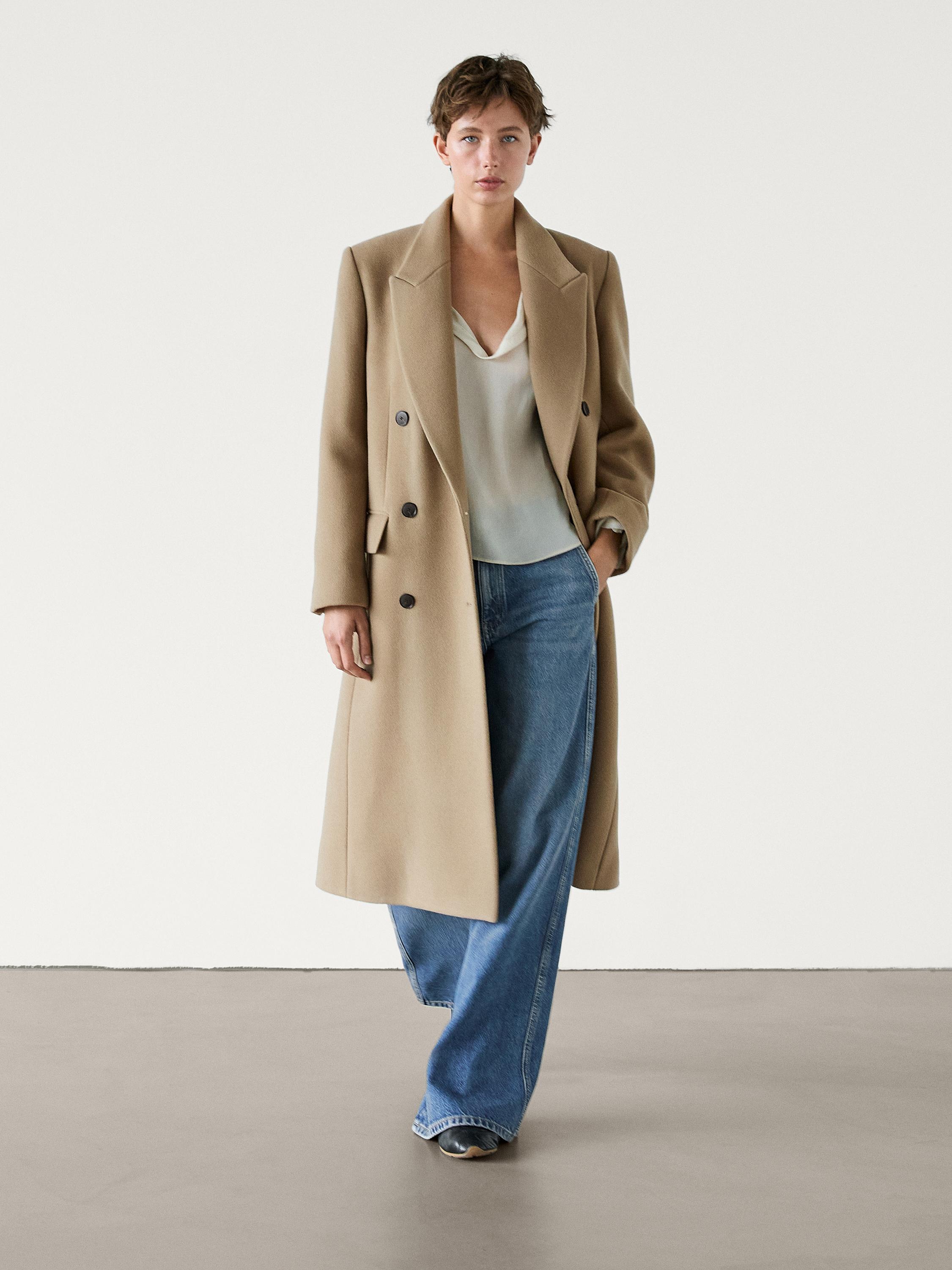 Long double-breasted wool blend coat