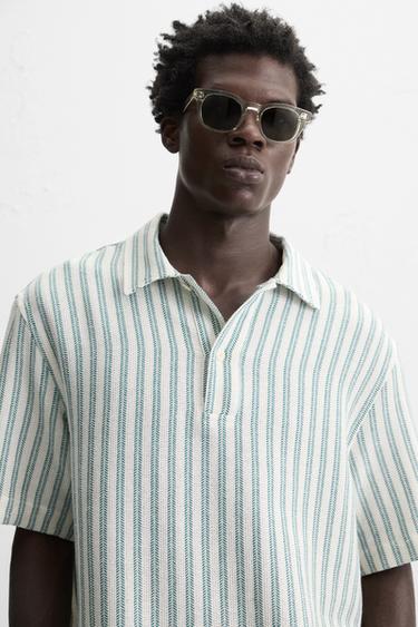 HERRINGBONE TEXTURED POLO SHIRT - Green / Blue by Zara - Image 4