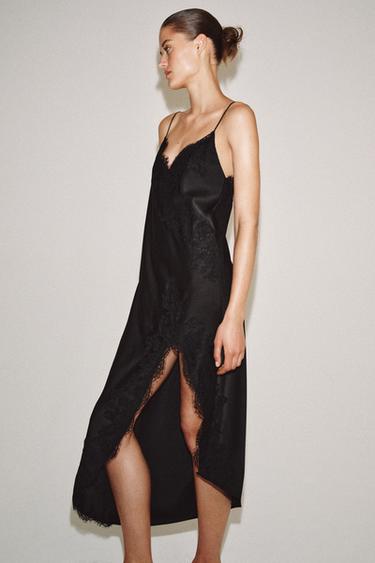 Zara ZW COLLECTION 緞面蕾絲洋裝 - 黑色