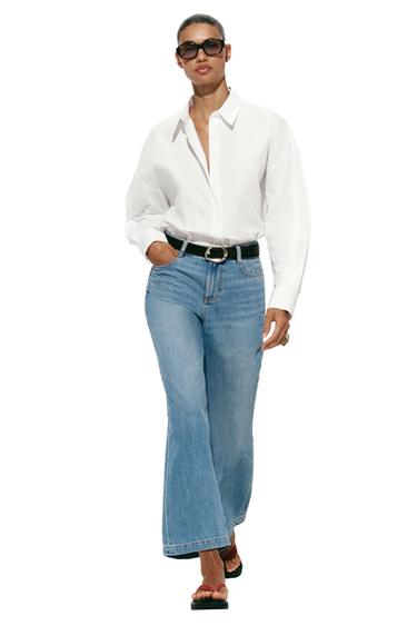 Zara Z.08 WIDE LEG CROPPED BELTED JEANS - Mid-blue