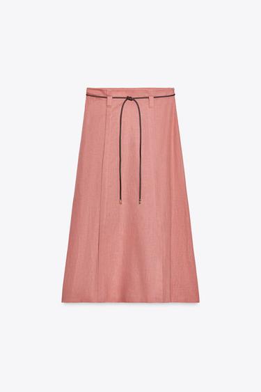 Zara LINEN BELTED MIDI SKIRT - MARSALA
