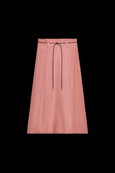 LINEN BLEND MIDI SKIRT WITH BELT - MARSALA by Zara - Image 0