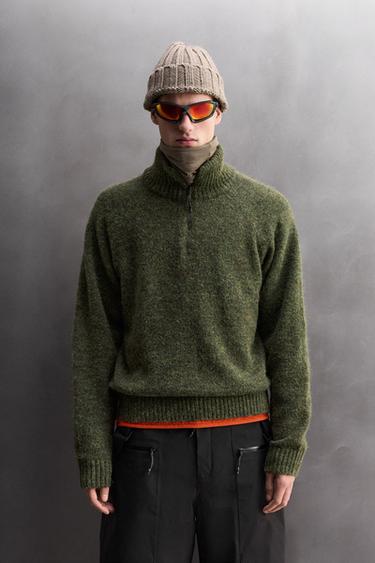 Zara WOOL BLEND QUARTER-ZIP JUMPER - Green marl