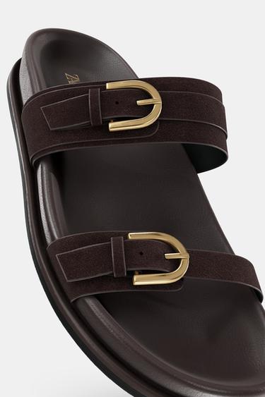 DOUBLE-BUCKLE LEATHER SANDALS - Brown by Zara - Image 0