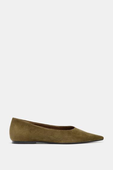 SUEDE POINTED BALLERINAS - Olive Green by Zara
