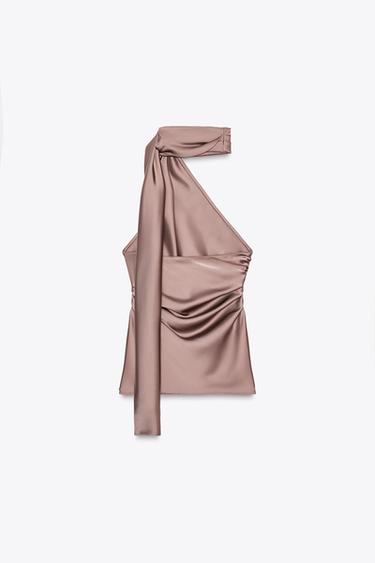 TOP SATINÉ HALTER FOULARD - Rose clair de Zara - Image 4