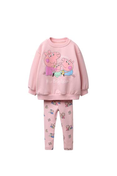 Pink sweatshirt set with Peppa Pig print and "New Baby Sister" text, and matching leggings with Peppa Pig print.
