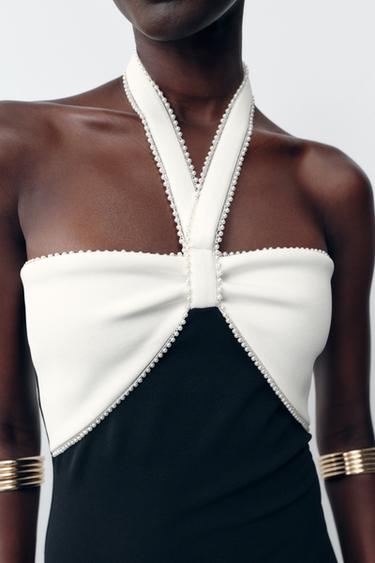 STRETCH MIDI DRESS WITH TIE - Black / White by Zara - Image 4