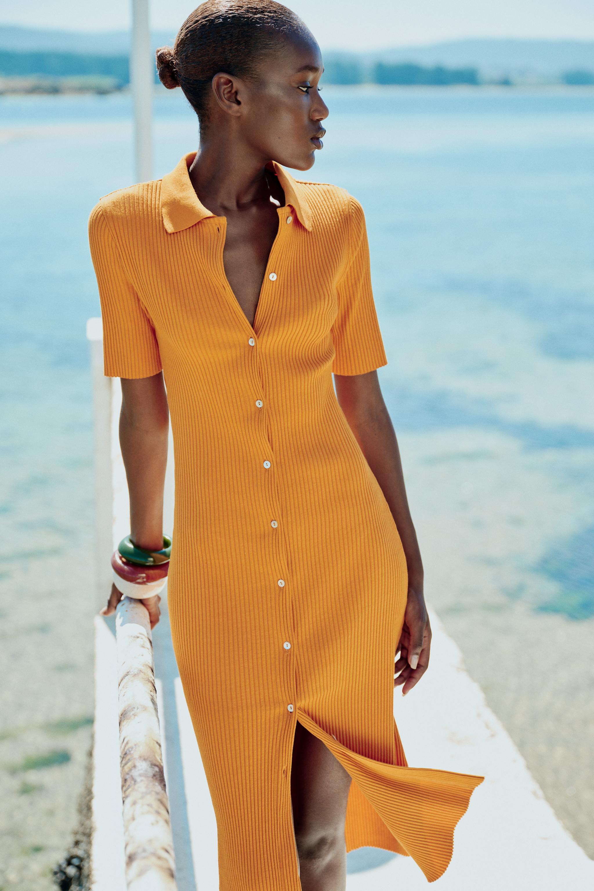 RIBBED POLO COLLAR DRESS WITH BUTTONS Russet ZARA Turkey