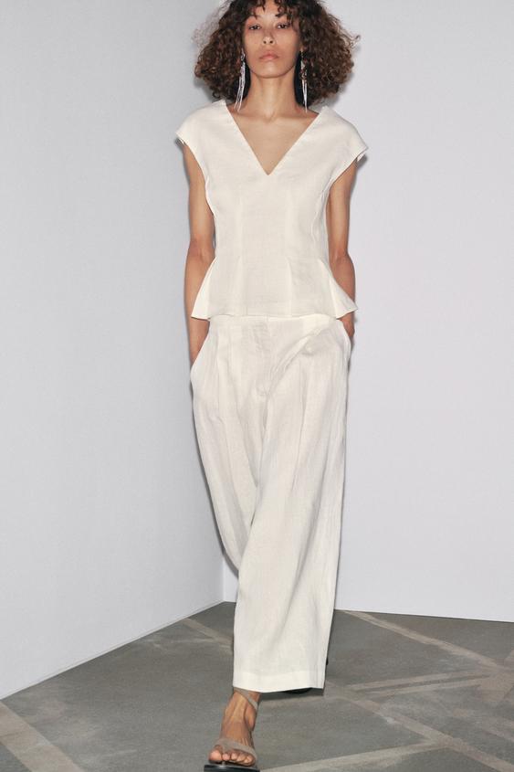 PANTALON À PINCES 100 % LIN ZW COLLECTION - Écru de Zara - Image 0