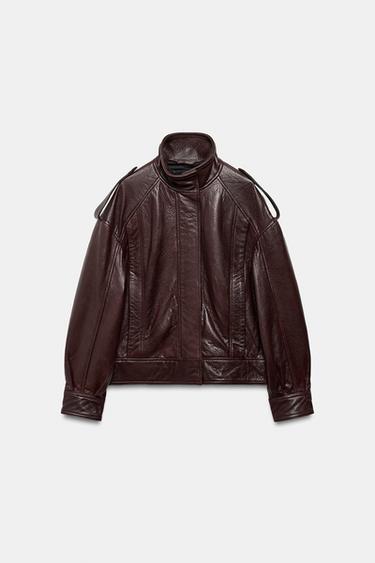 Zara 100% LEATHER BOMBER JACKET ZW COLLECTION LIMITED EDITION - Maroon