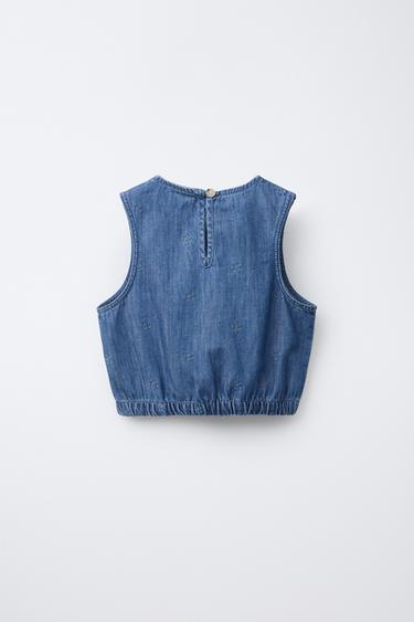 EMBROIDERED FLORAL DENIM TOP - Blue by Zara - Image 1