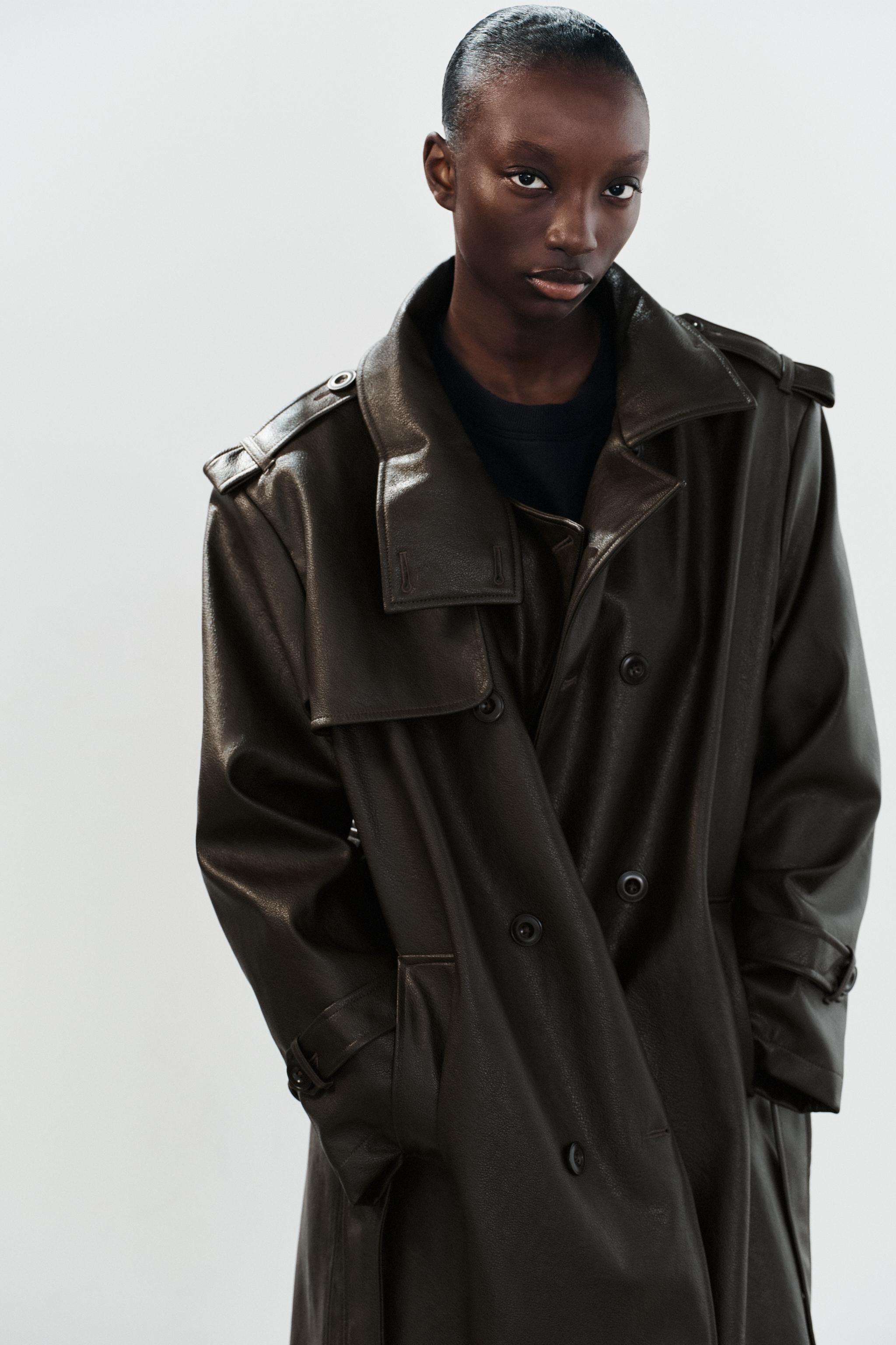 ロング丈 フェイクレザー トレンチコート - ダークブラウン | ZARA