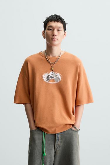 Zara WASHED PRINT KNIT T-SHIRT - Orange