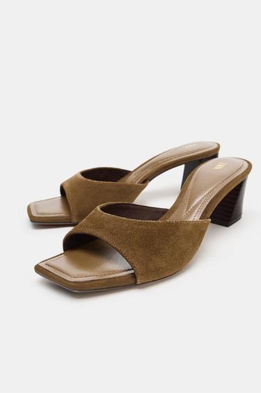SANDALES À TALONS LARGES EN CROÛTE DE CUIR - Marron de Zara - Image 2