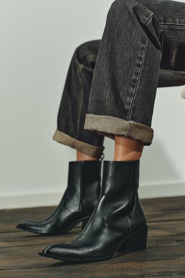 BOTÍN PIEL PESPUNTES COWBOY - Negro de Zara