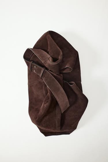 Zara OVERSIZED SUEDE BUCKET BAG - Chocolate