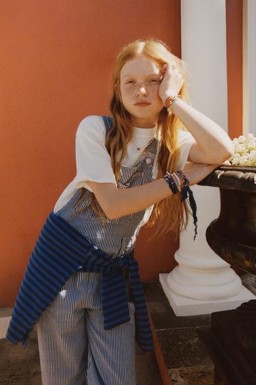 Zara LONG STRIPED DENIM OVERALLS - Ecru / Blue