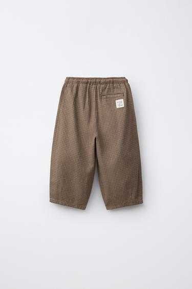 COTTON LINEN CHECK TROUSERS - Brown by Zara - Image 1