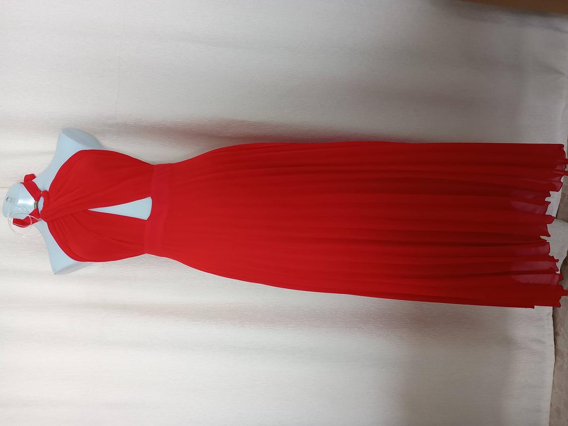 Red long dress with a halter neckline and a pleated skirt, displayed on a mannequin against a light background.