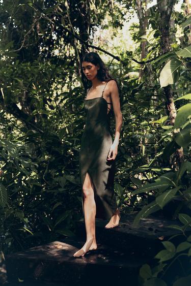 LINEN BLEND MIDI DRESS - Dark khaki by Zara - Image 4