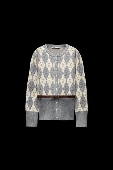 DIAMOND PATTERN KNIT JACKET WITH BELT - Grey / Natural by Zara - Image 0