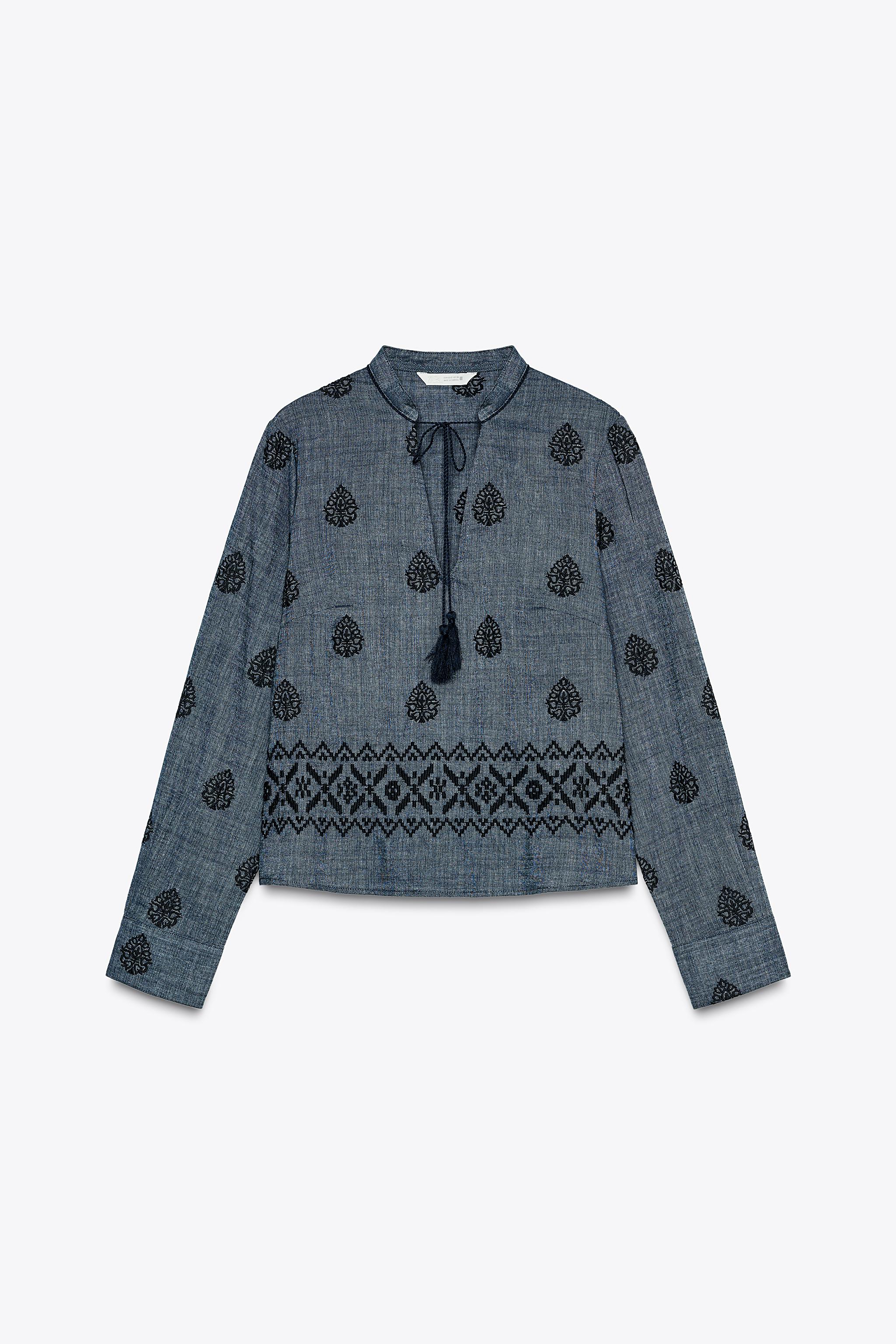 POMPOM EMBROIDERED TOP - Blue | ZARA Canada