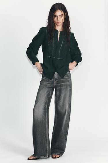 Zara ROMANTIC LACE DETAIL SHIRT - Green