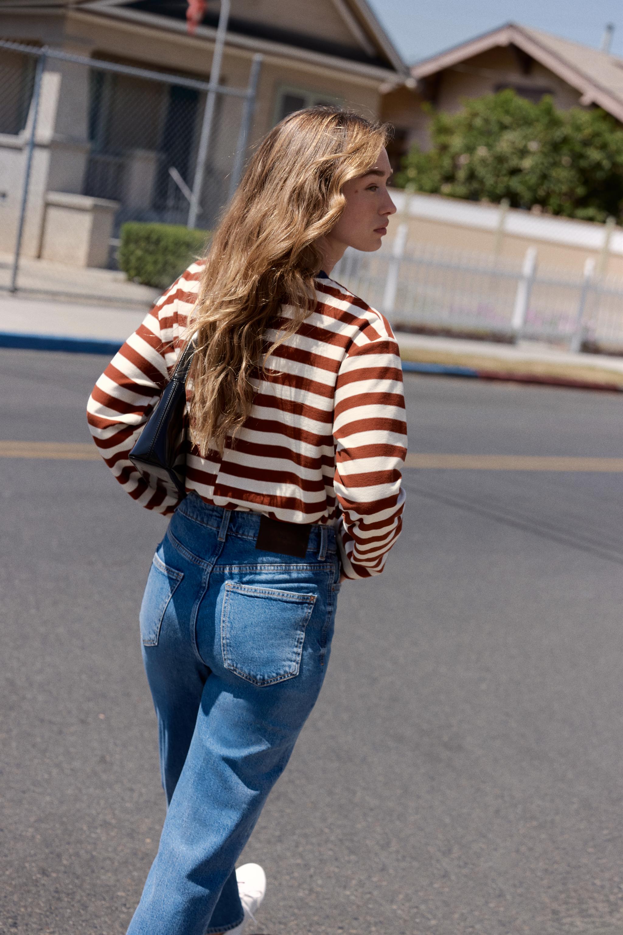 Zara Z1975 YÜKSEK BEL ÜTÜ ÇİZGİLİ MOM FIT JEAN görsel 5