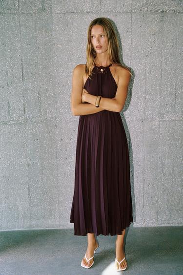 pleated midi dress zara Multicolor Camouflage seam zip closure. ZARA PLEATED MIDI DRESS