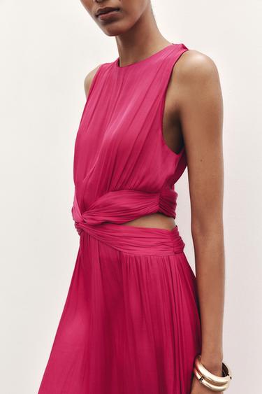 ROBE MIDI SATINÉE AJOURÉE - Fuchsia de Zara - Image 4