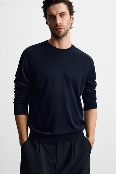 Zara MERINO WOOL SWEATER - Navy blue