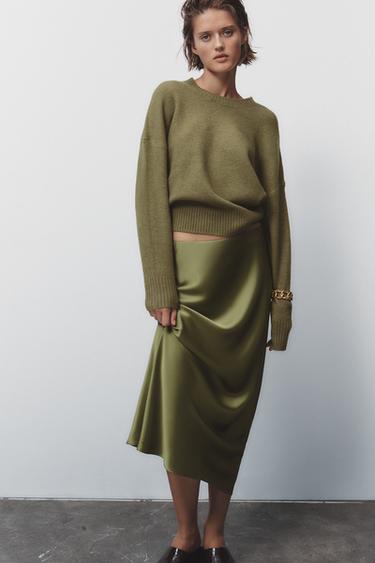 Zara SATIN MIDI SKIRT - Dark olive