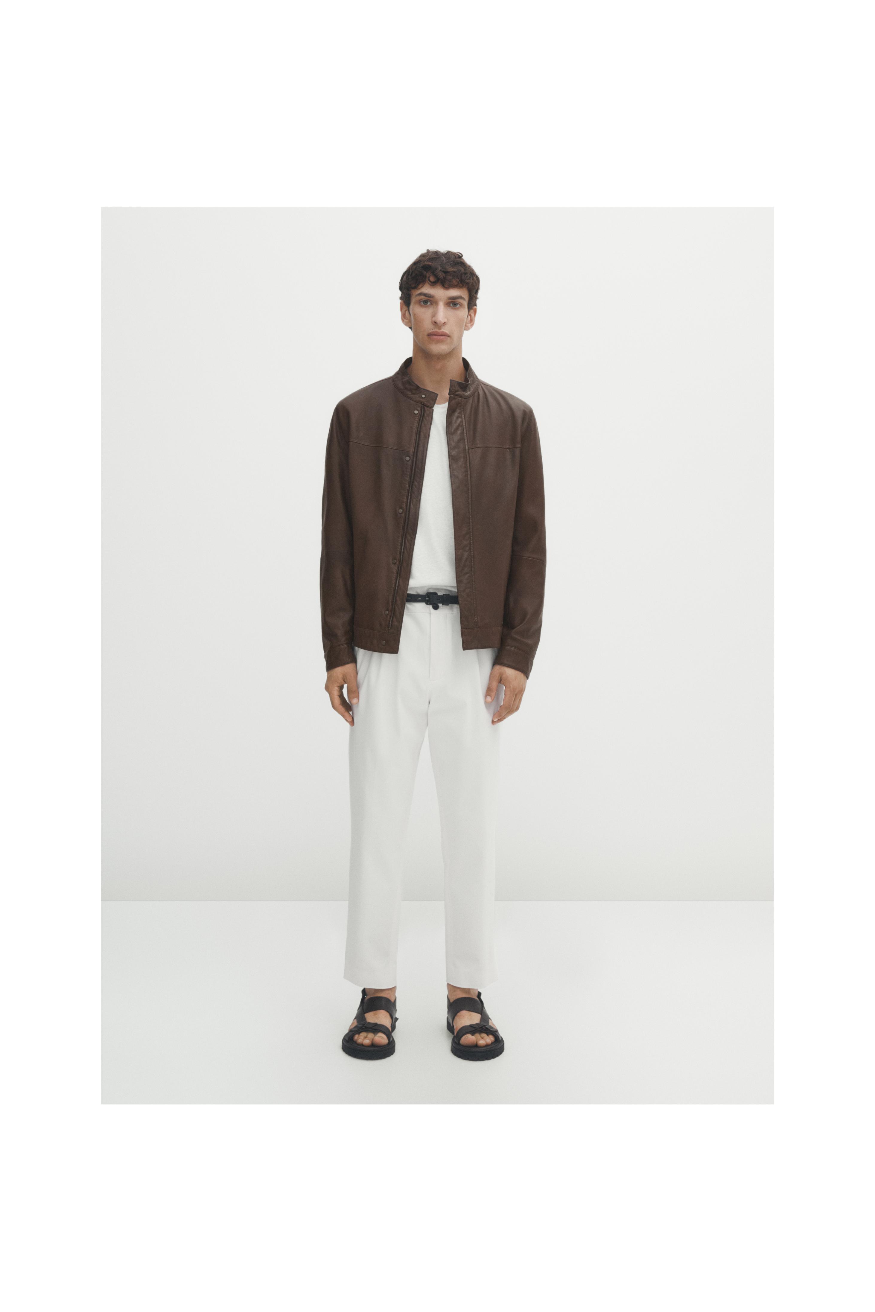 Zara brown leather jacket hot sale mens