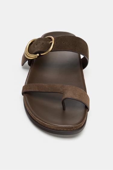 FLAT SPLIT SUEDE SANDALS - Taupe Grey by Zara - Image 5