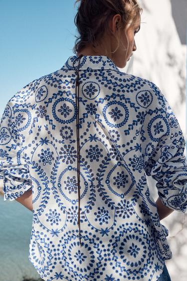 SHIRT WITH CUTWORK EMBROIDERY - Blue/White by Zara - Image 4