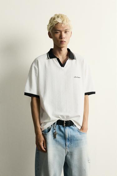 Zara RELAXED FIT TEXTURED EMBROIDERED POLO - Oyster-white