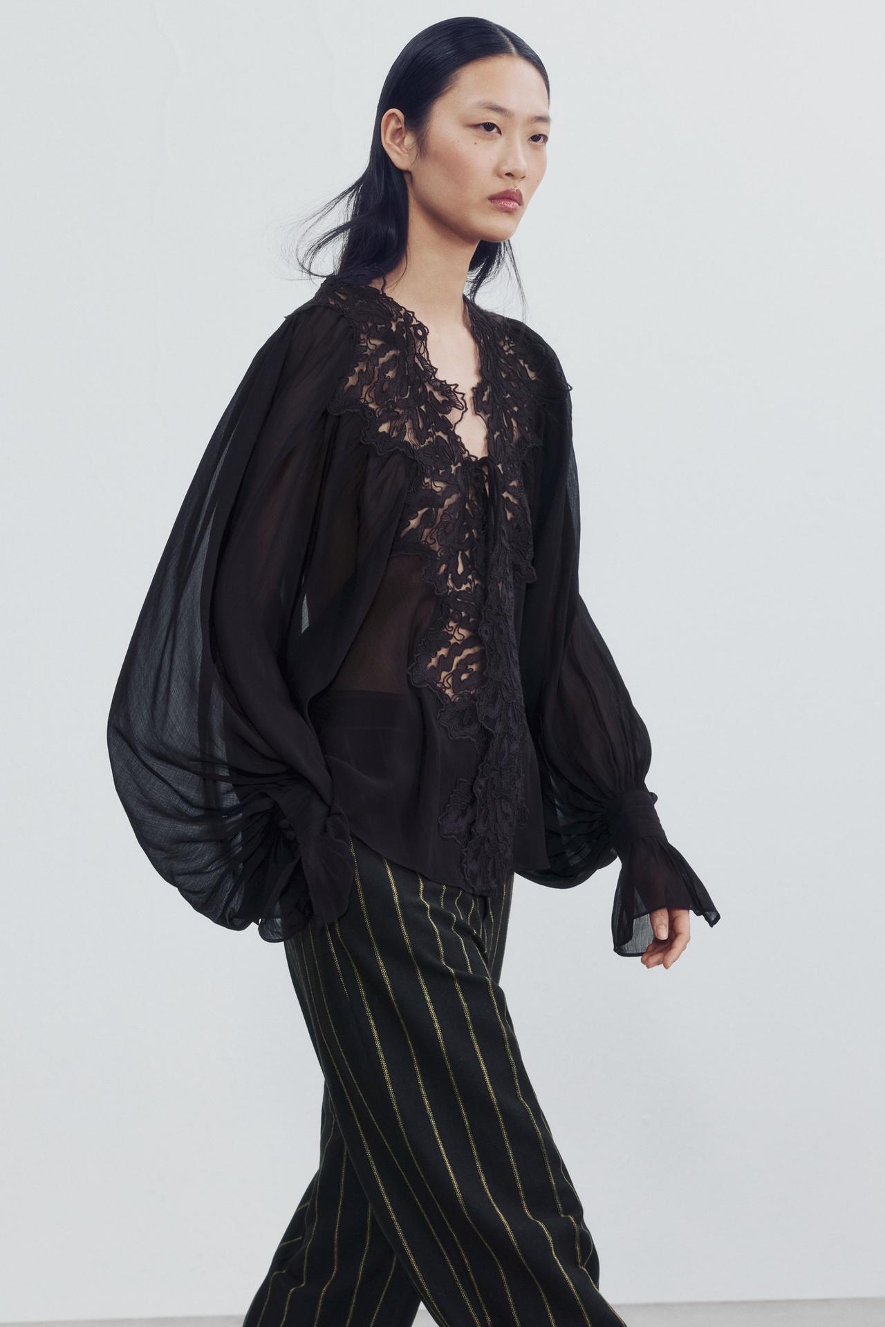 ZW COLLECTION LACE TIE-FRONT SHIRT — Brown