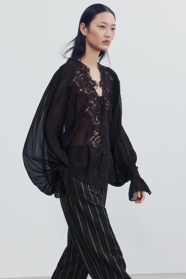 ZW COLLECTION LACE TIE-FRONT SHIRT — Brown 1