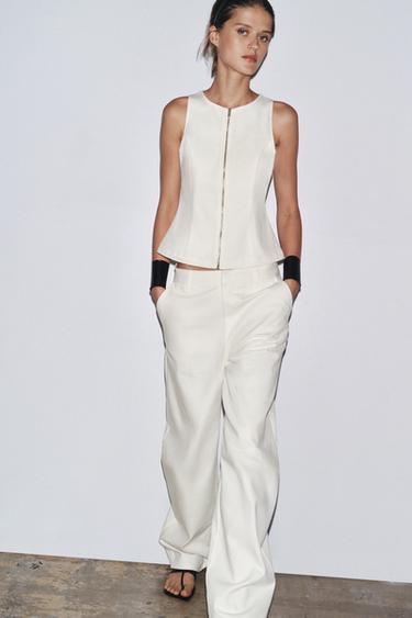 Zara ZW COLLECTION DENIM ZIP-UP TOP - Oyster-white