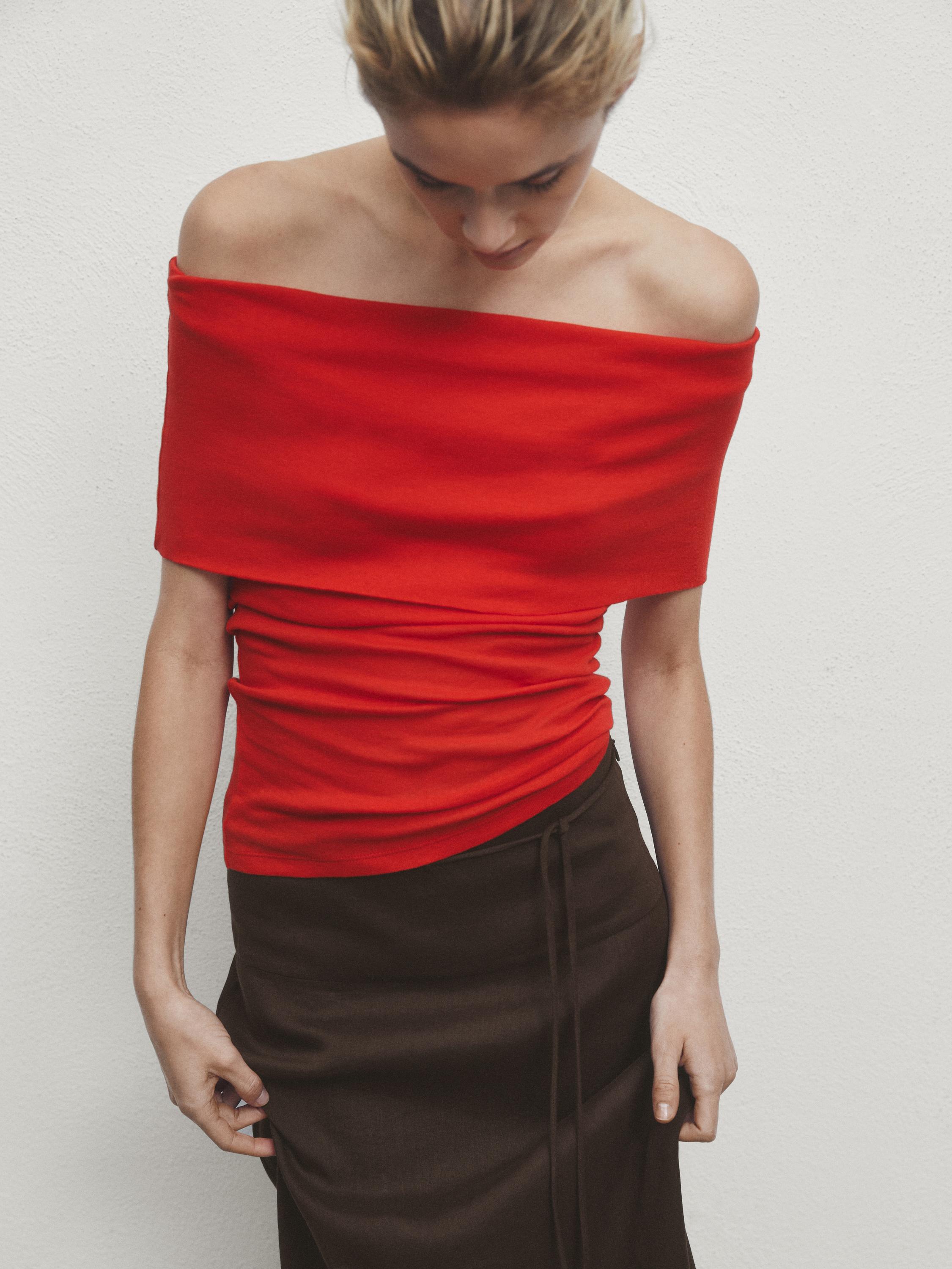 Red open shoulder top on sale